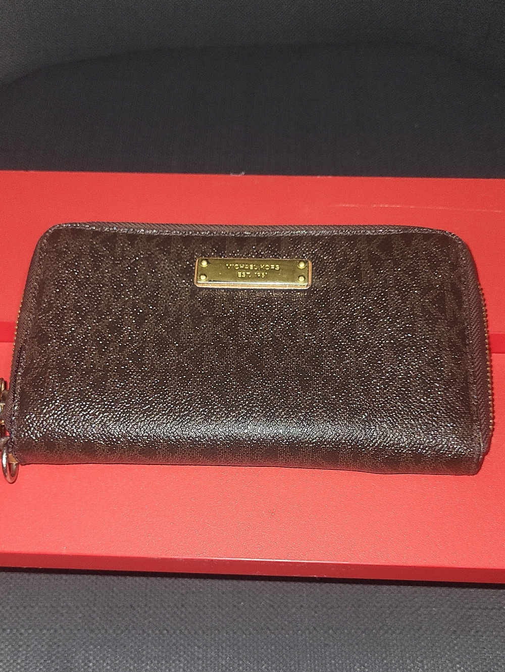 Michael Kors Y2K Brown MK Logo Zip Wallet with Gold Plate